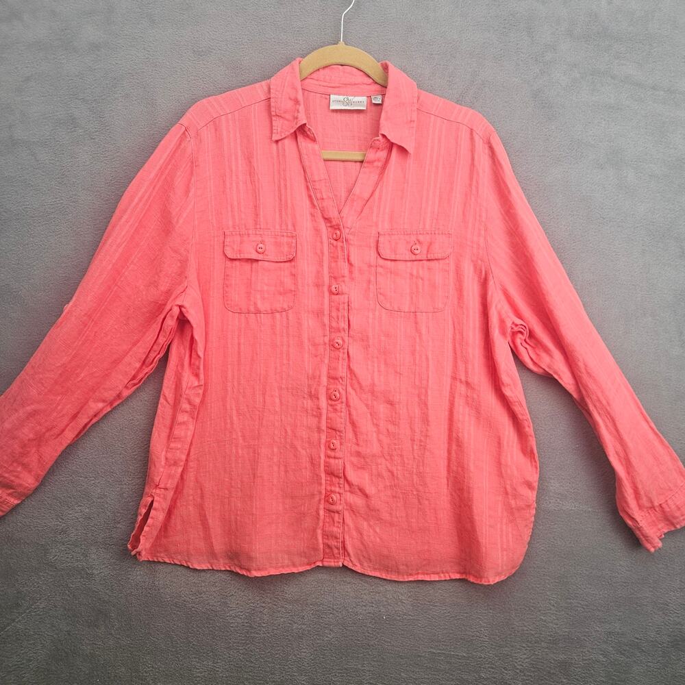 Linen 100% Coastal Button Front Shirt  Coral Pink Studio Works‎ Beachy Size XL